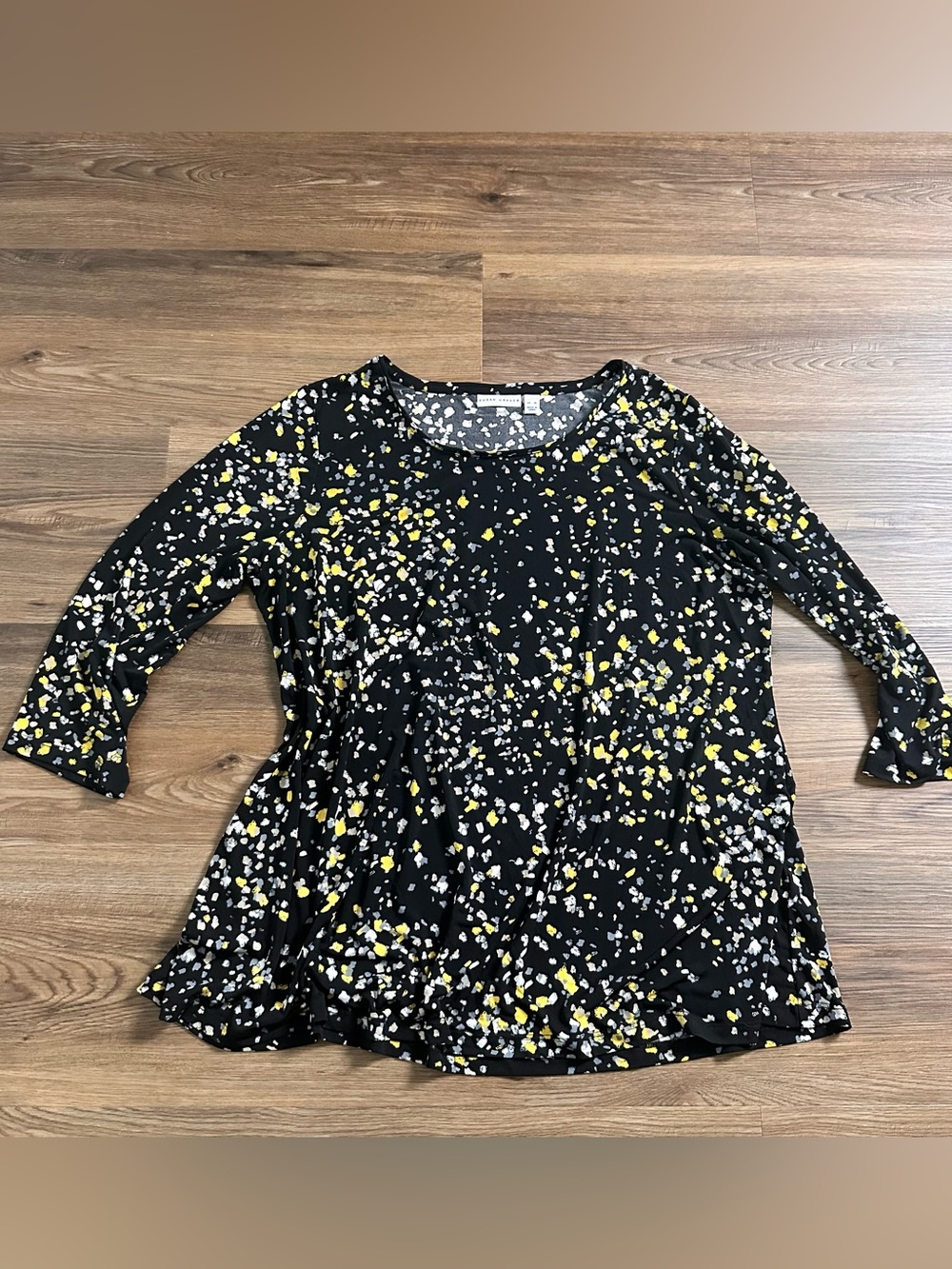 Susan Graver Long Sleeve Tunic Blouse XL Black Yellow Splatter Liquid Knit Shirt